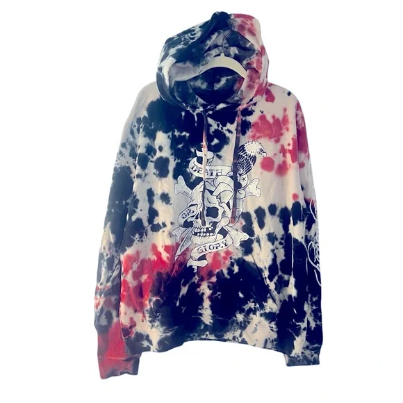 Ed Hardy Women's Red and Black Tie Dye Dagger Skull Fleece Hoodie Size M - Picture 5 of 9